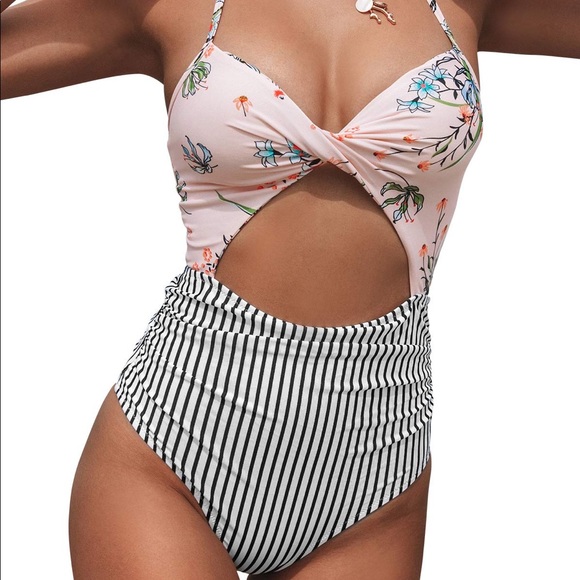 🍍CUPSHE ONE PIECE BATHING SUIT W/ SELF-TIE HALTER, CHEEKY CUT ON THE TUMMY - Picture 1 of 5